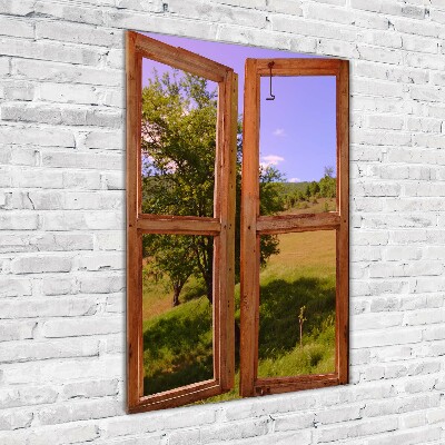 Verticaal glasschilderij Het landschap buiten het raam.