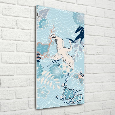 Verticale glasfoto Kraanvogel en bloemen