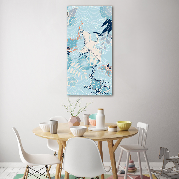 Verticale glasfoto Kraanvogel en bloemen