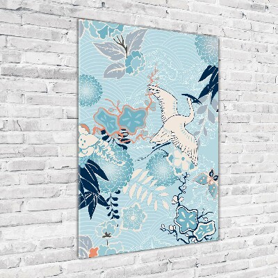 Verticale glasfoto Kraanvogel en bloemen