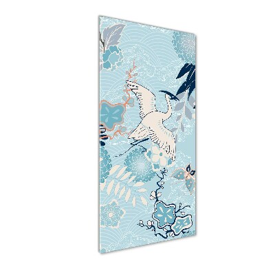 Verticale glasfoto Kraanvogel en bloemen