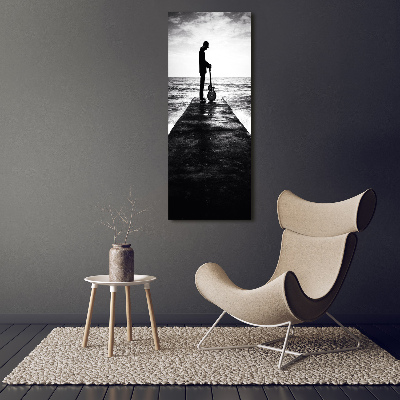 Verticaal glasschilderij Gitarist op de pier