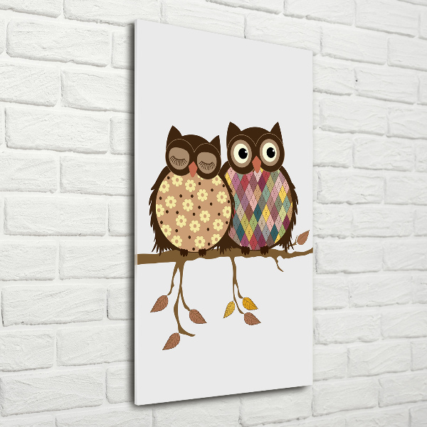 Verticale foto op glas Een paar uilen op een tak