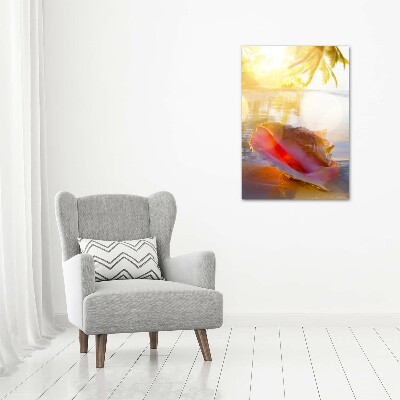 Verticale glasfoto Een schelp op het strand