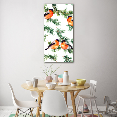 Verticale glasfoto Roodborstje en naaldbomen