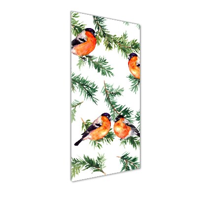 Verticale glasfoto Roodborstje en naaldbomen