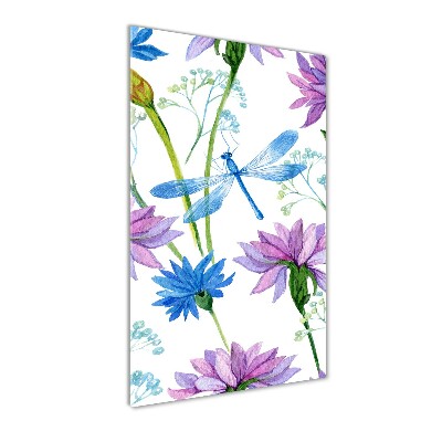 Verticale glasfoto Bloemen en libellen
