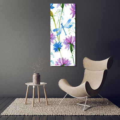 Verticale glasfoto Bloemen en libellen