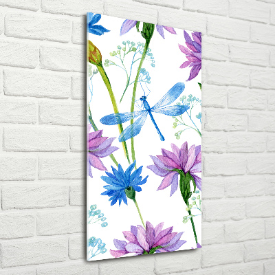 Verticale glasfoto Bloemen en libellen
