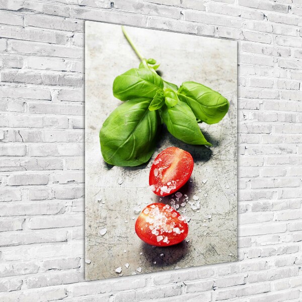 Verticaal glasschilderij Tomaten en basilicum