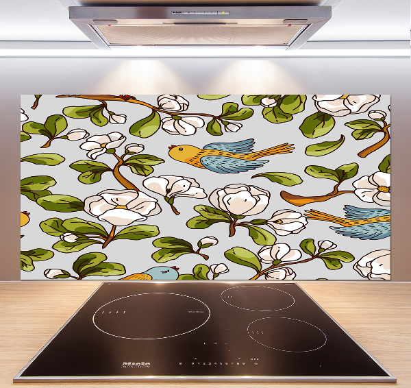 Spatscherm keuken Bloemen en vogels