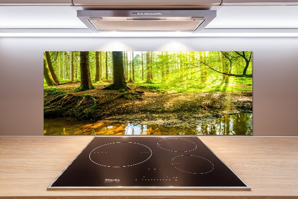 Spatscherm keuken Zonnestralen in het bos