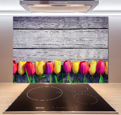 Panel lacobel Tulipany na drewnie