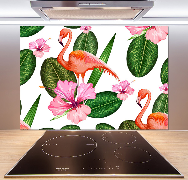 Glazen achterwand keuken Flamingo's en planten