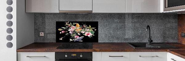 Spatscherm keuken Bloemen en vogels
