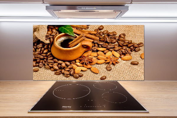 Glazen achterwand keuken Koffiebonen en een kopje