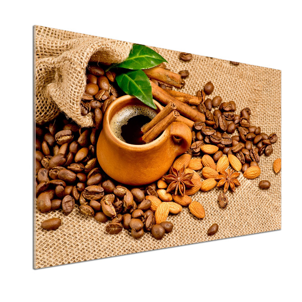 Glazen achterwand keuken Koffiebonen en een kopje