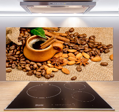 Glazen achterwand keuken Koffiebonen en een kopje