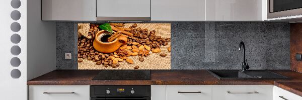 Glazen achterwand keuken Koffiebonen en een kopje