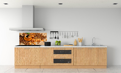 Glazen achterwand keuken Koffiebonen en een kopje