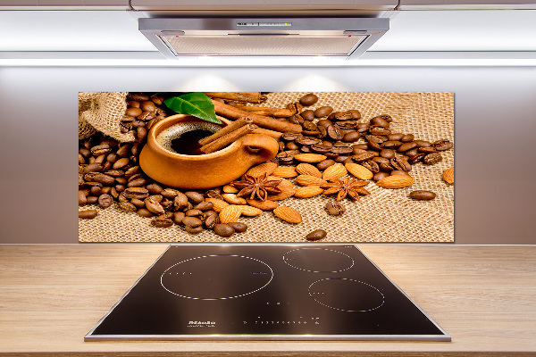 Glazen achterwand keuken Koffiebonen en een kopje