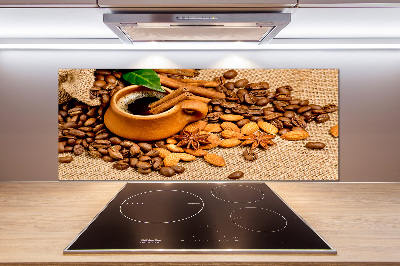Glazen achterwand keuken Koffiebonen en een kopje