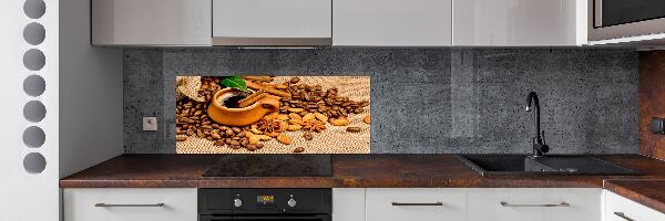 Glazen achterwand keuken Koffiebonen en een kopje