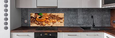 Glazen achterwand keuken Koffiebonen en een kopje
