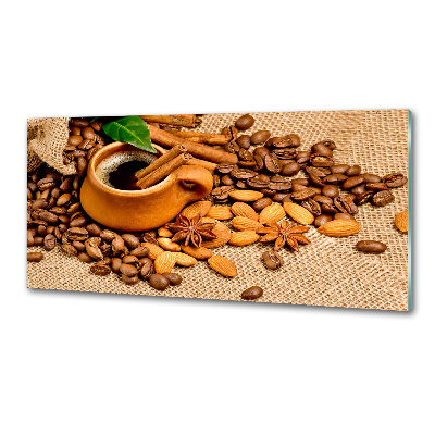 Glazen achterwand keuken Koffiebonen en een kopje
