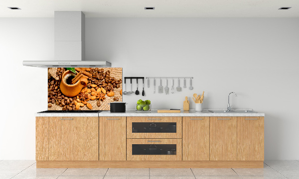Glazen achterwand keuken Koffiebonen en een kopje