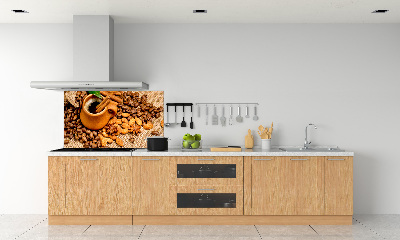 Glazen achterwand keuken Koffiebonen en een kopje