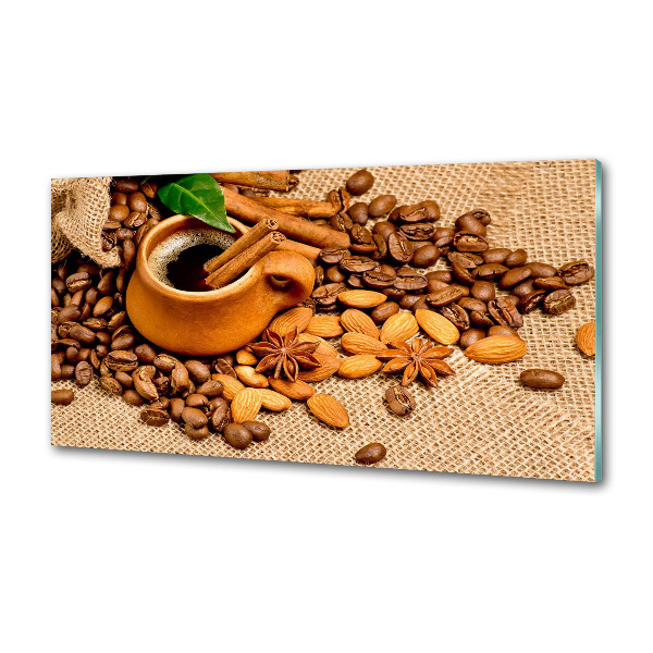 Glazen achterwand keuken Koffiebonen en een kopje