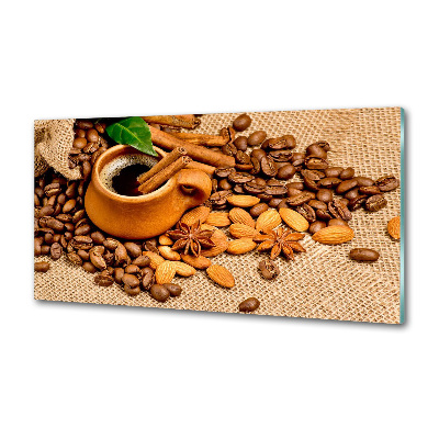 Glazen achterwand keuken Koffiebonen en een kopje
