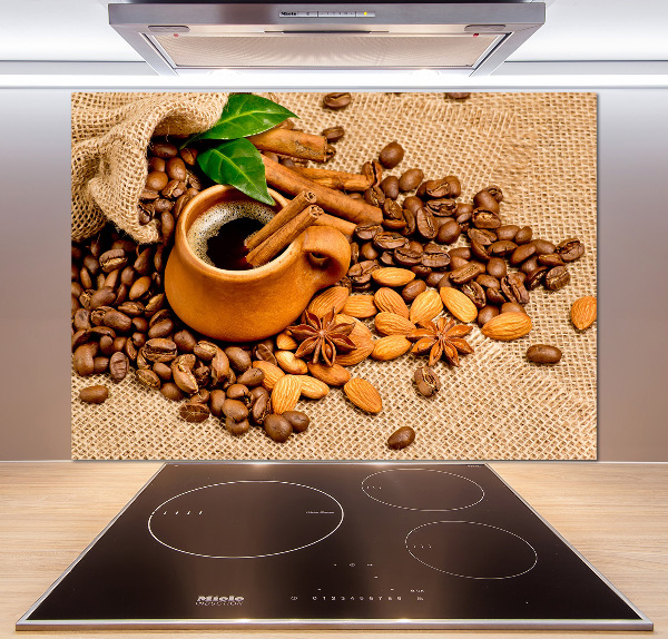 Glazen achterwand keuken Koffiebonen en een kopje