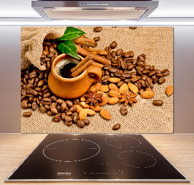 Glazen achterwand keuken Koffiebonen en een kopje