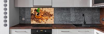 Glazen achterwand keuken Koffiebonen en een kopje