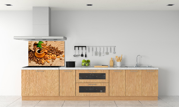 Glazen achterwand keuken Koffiebonen en een kopje
