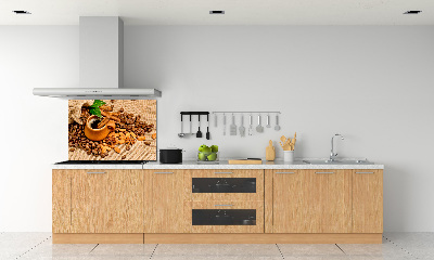 Glazen achterwand keuken Koffiebonen en een kopje