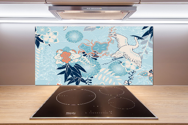 Glazen achterwand keuken Kraanvogel en bloemen