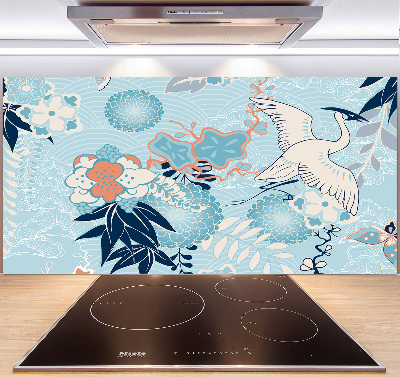 Glazen achterwand keuken Kraanvogel en bloemen