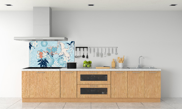 Glazen achterwand keuken Kraanvogel en bloemen