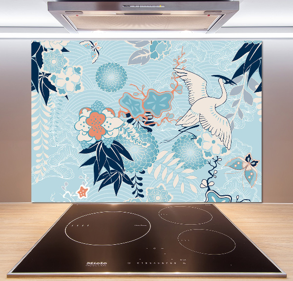 Glazen achterwand keuken Kraanvogel en bloemen