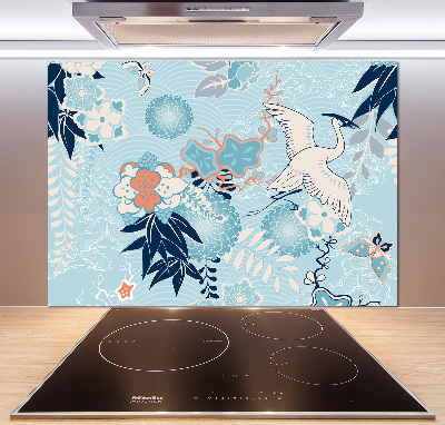 Glazen achterwand keuken Kraanvogel en bloemen