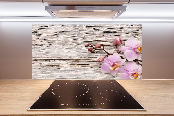 Glazen achterwand keuken Orchidee op hout