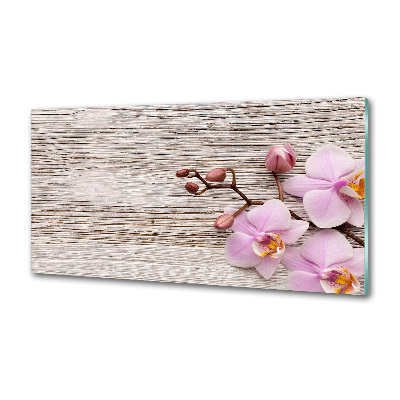 Glazen achterwand keuken Orchidee op hout