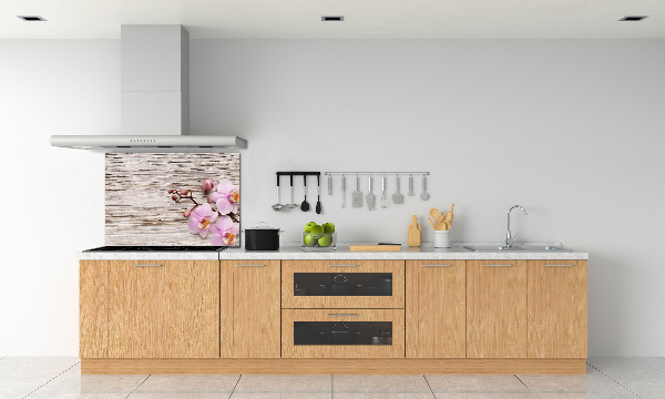 Glazen achterwand keuken Orchidee op hout