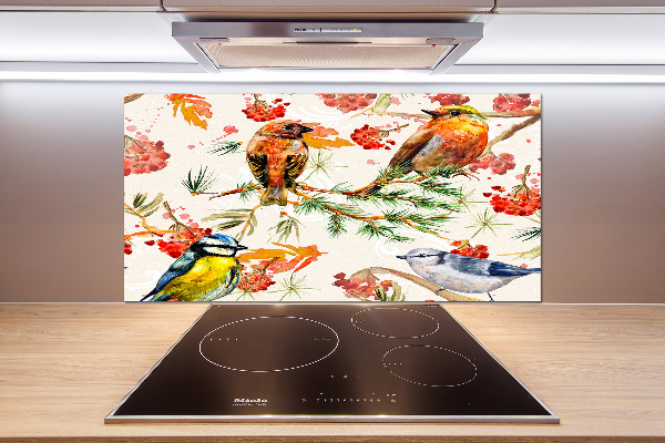 Glazen achterwand keuken Naaldhoutbomen en vogels