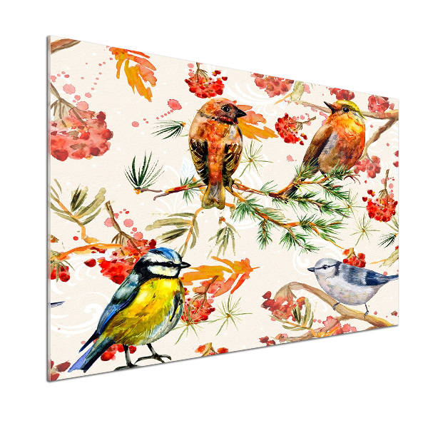 Glazen achterwand keuken Naaldhoutbomen en vogels