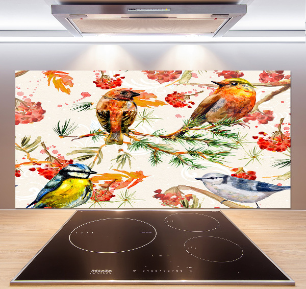 Glazen achterwand keuken Naaldhoutbomen en vogels