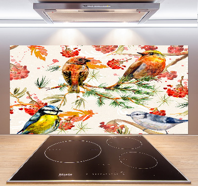 Glazen achterwand keuken Naaldhoutbomen en vogels